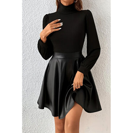 Lucky Life Kadın Uzun Kollu Balıkçı Yaka üst Kaşkorse Alt Deri Detaylı Mini Elbise