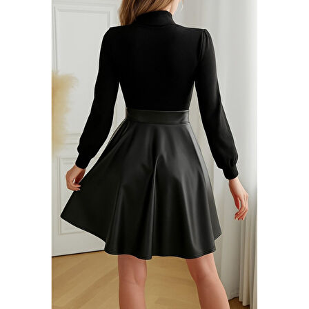 Lucky Life Kadın Uzun Kollu Balıkçı Yaka üst Kaşkorse Alt Deri Detaylı Mini Elbise