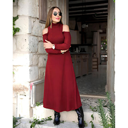 Lucky Life Kadın Balıkçı Yaka Omuzlardan Açık Uzun Kollu Janjan Krep Elbise