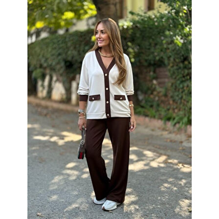 Lucky Life Kadın Uzun Kollu Ribanali Cep Detay Hırka Ve Bol Paça Pantolon Ikili Takım