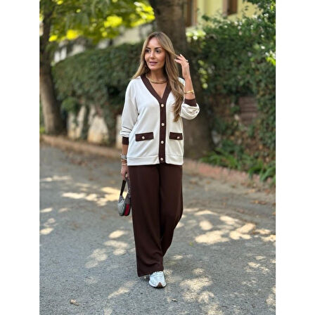 Lucky Life Kadın Uzun Kollu Ribanali Cep Detay Hırka Ve Bol Paça Pantolon Ikili Takım