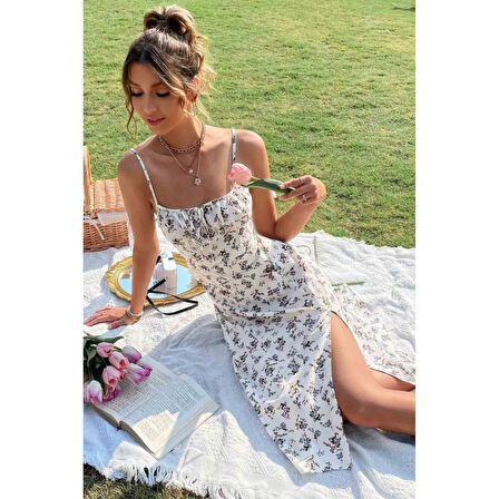 Lucky Life Kadın Ip Askılı Yakadan Bağcıklı Desenli Süprem Elbise