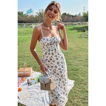 Lucky Life Kadın Ip Askılı Yakadan Bağcıklı Desenli Süprem Elbise