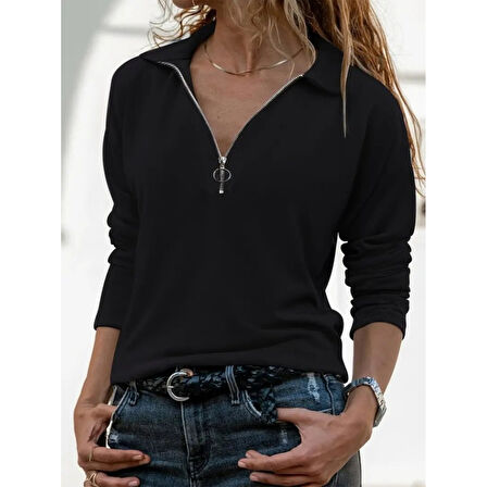 Lucky Life Kadın Uzun Kollu Yakalı Fermuarlı Iki Iplik Bluz