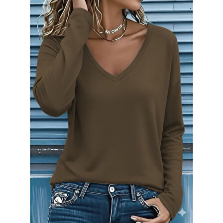 Lucky Life Lucky Life Kadın Uzun Kollu V Yakalı Viskon Iki Iplik Bluz