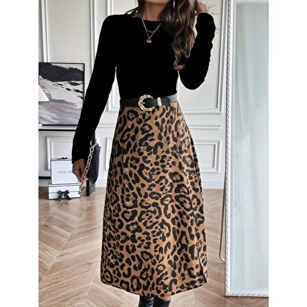 Lucky Life Kadın Uzun Kollu Bisiklet Yaka Ithal Krep Bluz Alt Desenli Modal Midi Elbise