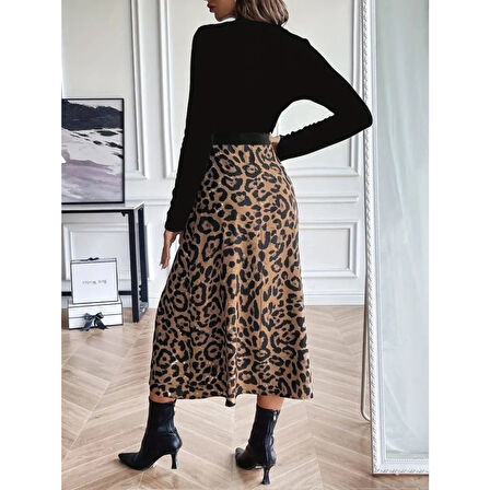 Lucky Life Kadın Uzun Kollu Bisiklet Yaka Ithal Krep Bluz Alt Desenli Modal Midi Elbise