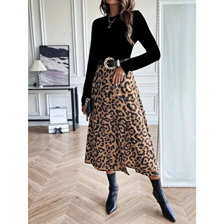 Lucky Life Kadın Uzun Kollu Bisiklet Yaka Ithal Krep Bluz Alt Desenli Modal Midi Elbise