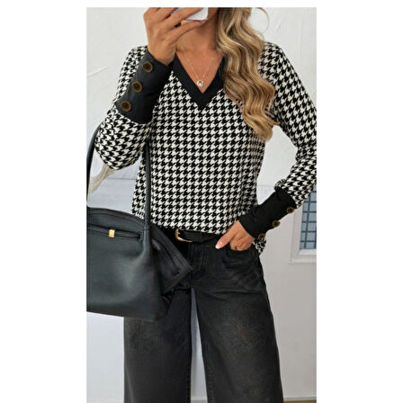 Lucky Life Kadın Uzun Kollu V Yakalı Desenli Süprem Bluz