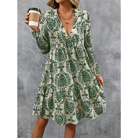 Lucky Life Kadın Uzun Kollu V Yakalı Fırfırlı Mini Süprem Elbise