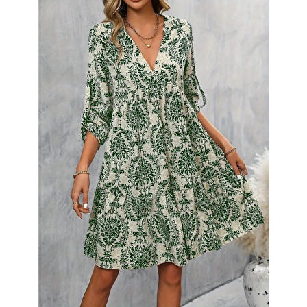 Lucky Life Kadın Uzun Kollu V Yakalı Fırfırlı Mini Süprem Elbise