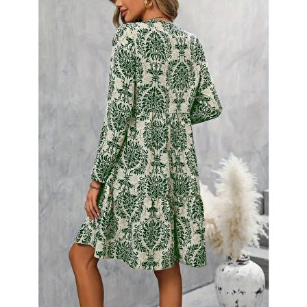 Lucky Life Kadın Uzun Kollu V Yakalı Fırfırlı Mini Süprem Elbise