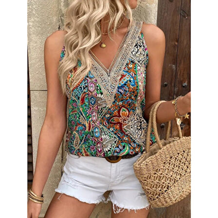 Lucky Life Kadın Askılı V Yaka Dantelli Süprem Bluz