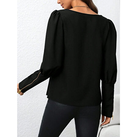 Lucky Life Kadın Uzun Kollu Bisiklet Yaka Fermuar Detaylı Ithal Krep Bluz