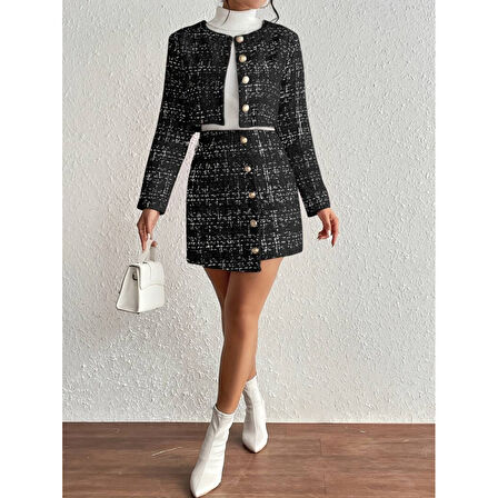 Lucky Life Kadın Uzun Kollu önü Düğmeli şanel Ceket Ve Etek Takım