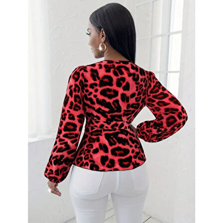 Lucky Life Kadın Uzun Kollu Kruvaze Yakalı Belden Kuşaklı Leopar Desenli Süprem Bluz