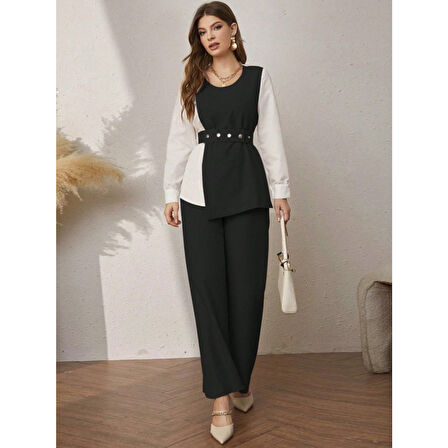 Lucky Life Lucky Life Kadın Uzun Kollu Açık Yakalı çift Renkli Kemerli Ithal Krep Ikili Takım