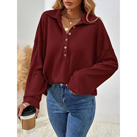 Lucky Life Kadın Uzun Kollu Yakalı Düğmeli Salaş Waffle Bluz