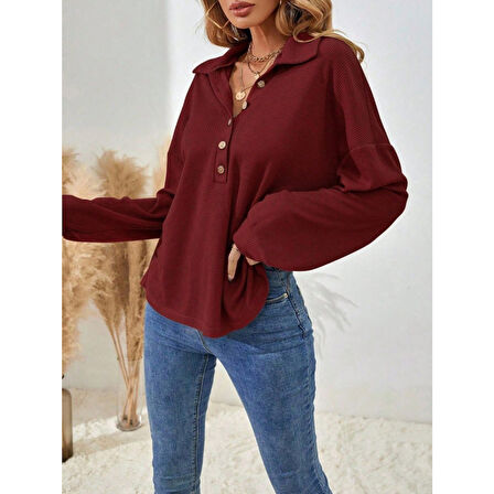 Lucky Life Kadın Uzun Kollu Yakalı Düğmeli Salaş Waffle Bluz