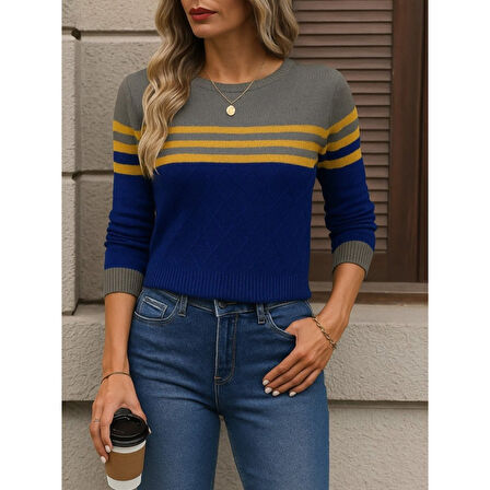 Lucky Life Lucky Life Kadın Uzun Kollu Bisiklet Yaka çok Renkli Triko Bluz