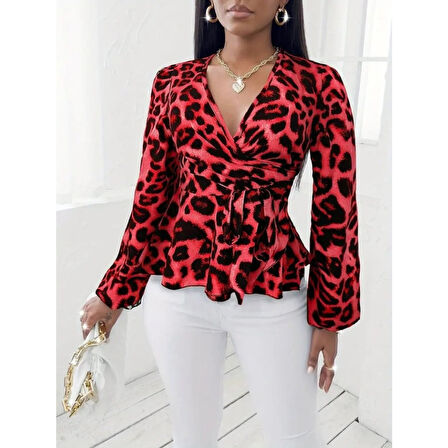 Lucky Life Kadın Uzun Kollu Kruvaze Yakalı Belden Kuşaklı Leopar Desenli Süprem Bluz