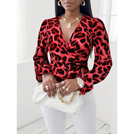 Lucky Life Kadın Uzun Kollu Kruvaze Yakalı Belden Kuşaklı Leopar Desenli Süprem Bluz