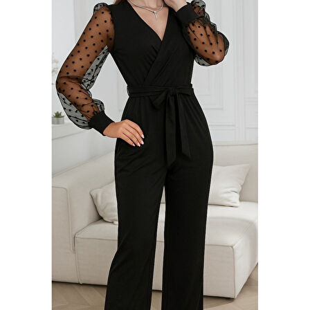 Lucky Life Kadın Uzun Kollu Kolları Tül Detaylı Kruvaze Yakalı Beli Kuşaklı Ithal Krep Tulum