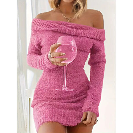 Lucky Life Kadın Uzun Kollu Omuzlardan Açık Kısa şardonlu Triko Elbise