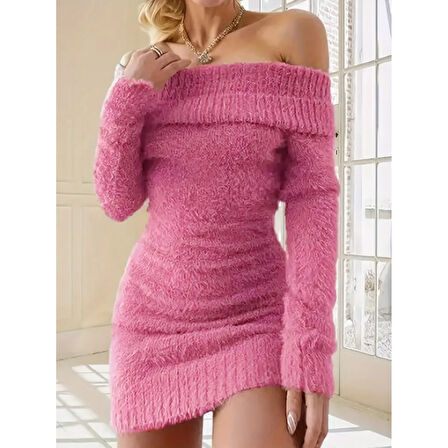 Lucky Life Kadın Uzun Kollu Omuzlardan Açık Kısa şardonlu Triko Elbise