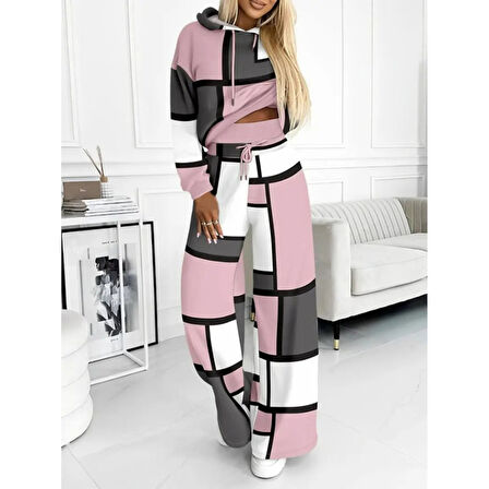 Lucky Life Kadın Uzun Kollu Kapşonlu Bağcıklı Desenli Iki Iplik Bluz Ve Pantolon Ikili Takım