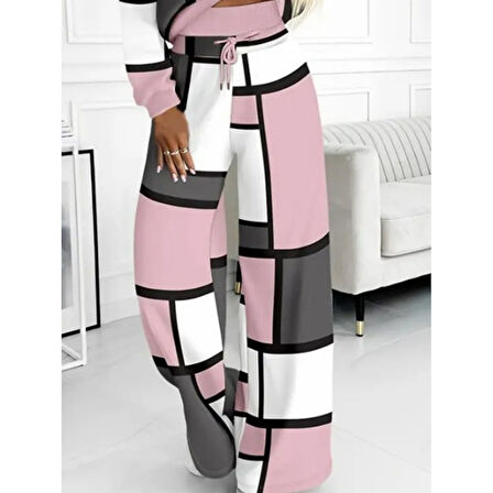 Lucky Life Kadın Uzun Kollu Kapşonlu Bağcıklı Desenli Iki Iplik Bluz Ve Pantolon Ikili Takım