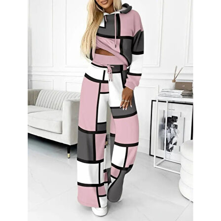 Lucky Life Kadın Uzun Kollu Kapşonlu Bağcıklı Desenli Iki Iplik Bluz Ve Pantolon Ikili Takım