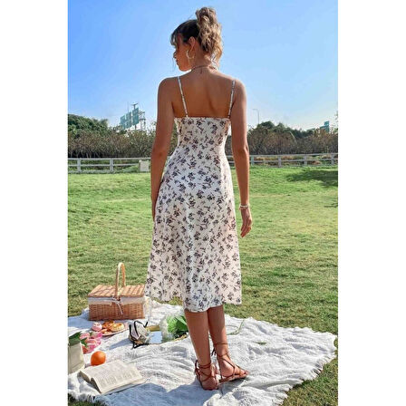 Lucky Life Kadın Ip Askılı Yakadan Bağcıklı Desenli Süprem Elbise