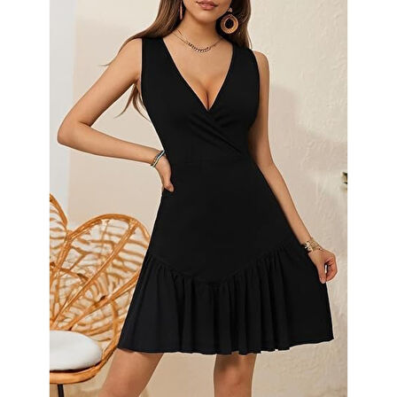 Lucky Life Kadın Askılı Kruvaze Yakalı Fırfırlı Janjan Krep Elbise