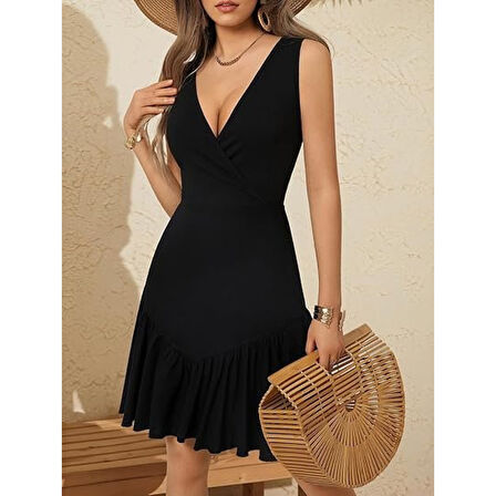 Lucky Life Kadın Askılı Kruvaze Yakalı Fırfırlı Janjan Krep Elbise