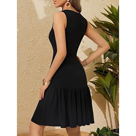 Lucky Life Kadın Askılı Kruvaze Yakalı Fırfırlı Janjan Krep Elbise