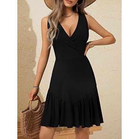 Lucky Life Kadın Askılı Kruvaze Yakalı Fırfırlı Janjan Krep Elbise