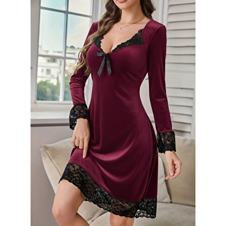 Lucky Life Kadın Uzun Kollu V Dantel Yakalı Mini Kadife Elbise