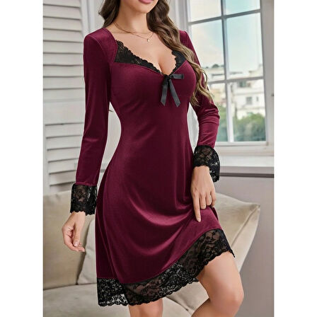 Lucky Life Kadın Uzun Kollu V Dantel Yakalı Mini Kadife Elbise