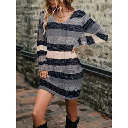 Lucky Life Kadın Uzun Kollu V Yakalı çizgili çok Renkli Triko Mini Elbise