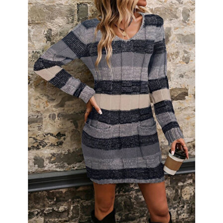 Lucky Life Kadın Uzun Kollu V Yakalı çizgili çok Renkli Triko Mini Elbise