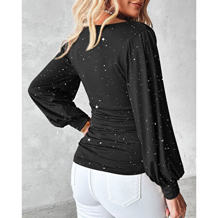 Lucky Life Kadın Uzun Kollu Degaje Yaka Taşlı Sandy Bluz