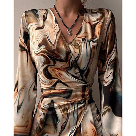 Lucky Life Kadın Uzun Kollu Kruvaze Yakalı Asimetrik Detaylı Mini Modal Elbise