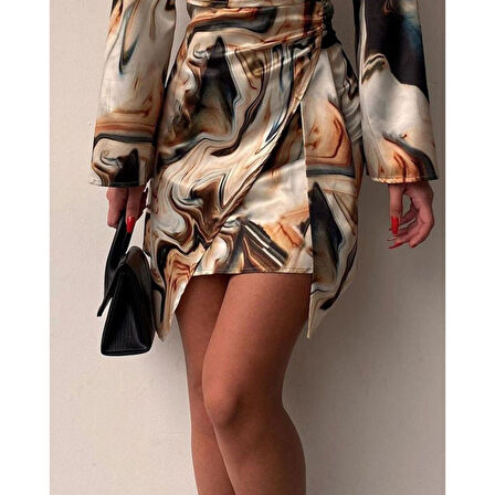 Lucky Life Kadın Uzun Kollu Kruvaze Yakalı Asimetrik Detaylı Mini Modal Elbise