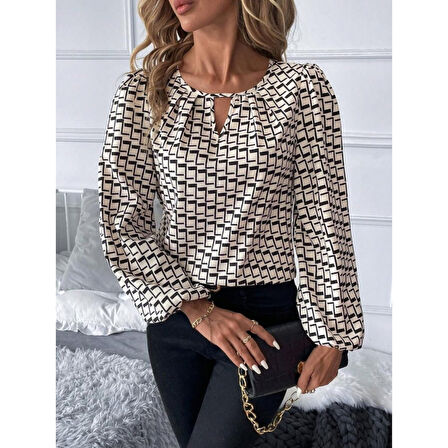 Lucky Life Kadın Uzun Kollu Damla Detaylı Yaka Desenli Süprem Bluz