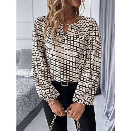 Lucky Life Kadın Uzun Kollu Damla Detaylı Yaka Desenli Süprem Bluz