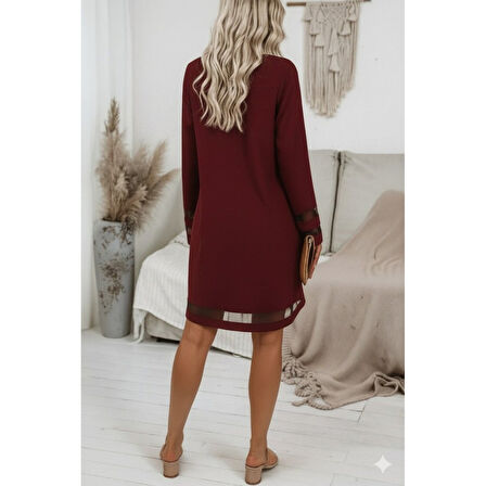 Lucky Life Kadın Uzun Kollu V Yakalı Tül şerit Detaylı Mini Krep Elbise