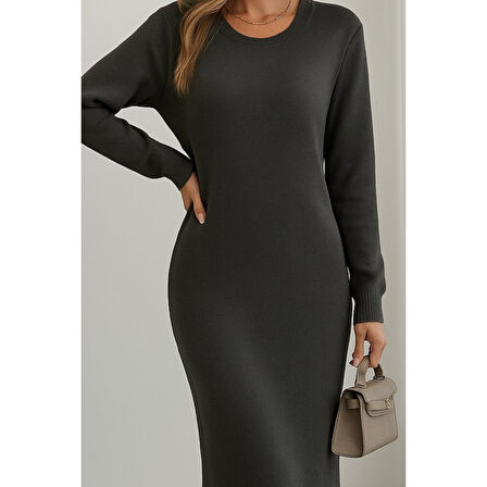 Lucky Life Lucky Life Kadın Uzun Kollu Bisiklet Yaka Yırtmaç Detay Triko Midi Boy Elbise