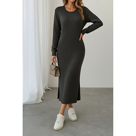 Lucky Life Lucky Life Kadın Uzun Kollu Bisiklet Yaka Yırtmaç Detay Triko Midi Boy Elbise