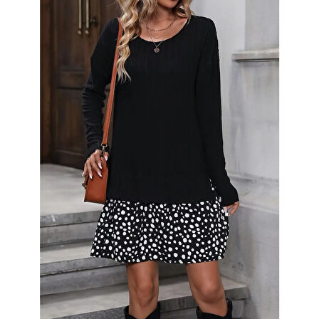 Lucky Life Kadın Uzun Kollu Bisiklet Yaka şardonlu Kaşkorse Bluz Ve Süprem Etek Elbise